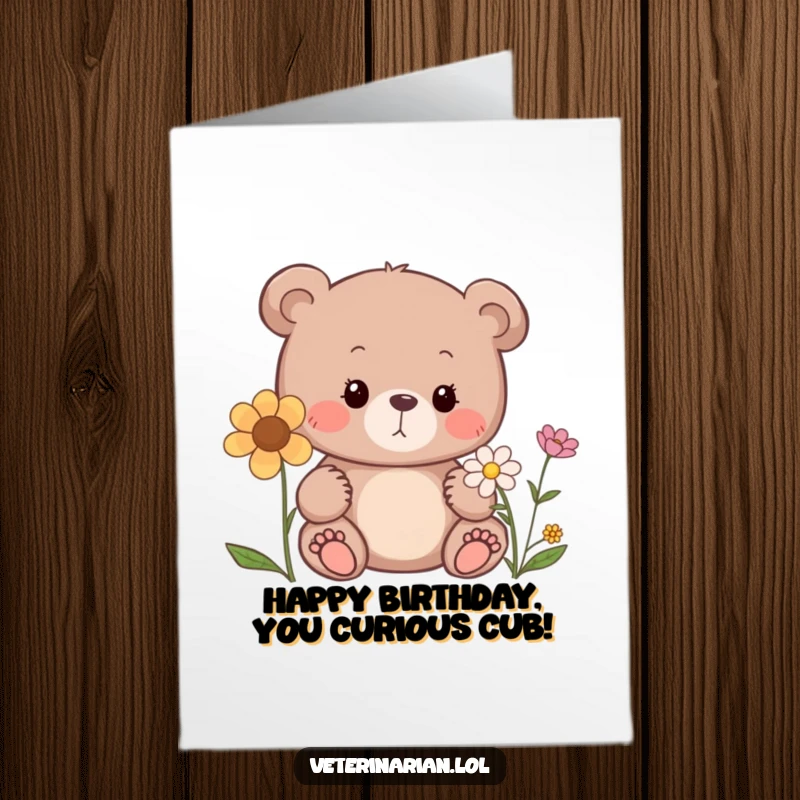 Free Printable Birthday Card: A curious bear gently sniffs a flower with a sweet, inquisitive expression, spreading birthday joy.