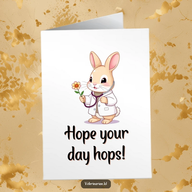 Funny Free Printable Bunny Birthday Card: Cute bunny vet in a white coat gently examines a flower, wishing a happy birthday.