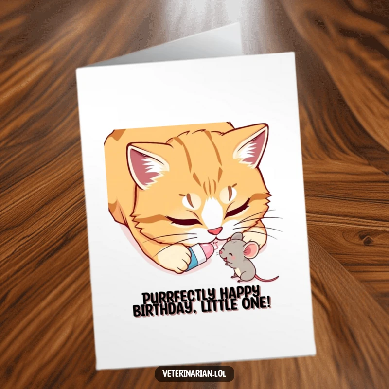 Funny Free Printable Birthday Card: a cat gently giving a pill to a happy mouse, celebrating their bond.