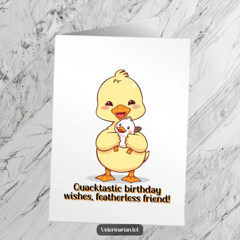 Funny Free Printable Birthday Card featuring a cheerful duckling vet holding a tiny patient, spreading birthday cheer.