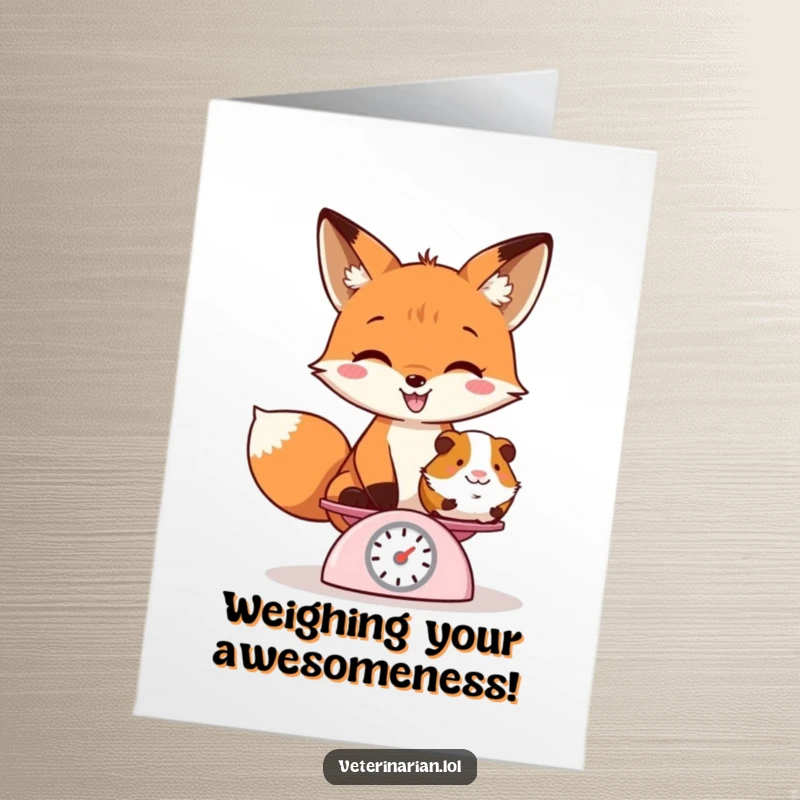 Funny Free Printable Fox Birthday Card: A playful fox grins while weighing a guinea pig, celebrating a birthday.