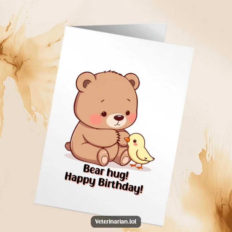 Free Printable Bear Birthday Card: A gentle bear comfortingly pats a small bird, wishing a happy birthday.