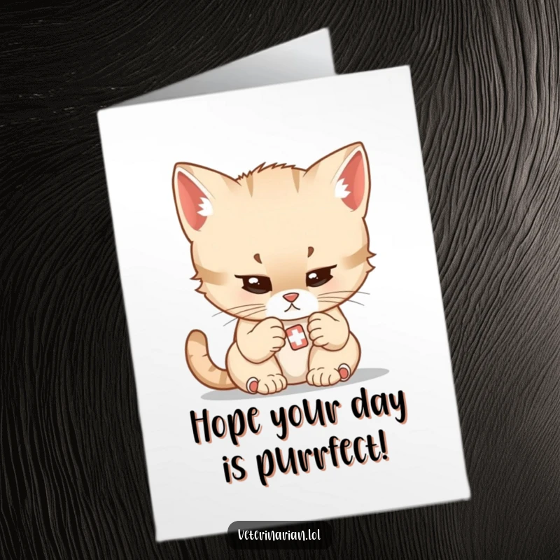 Funny Free Printable Birthday Card: Focused kitten gently examines a tiny bandage, expressing determined care and birthday cheer.