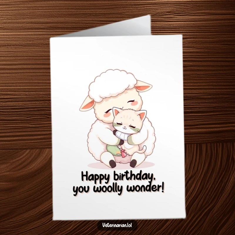 Free Printable Birthday Card: A fluffy sheep cuddles a tiny, bandaged kitten with affection, sending birthday wishes filled with warmth.