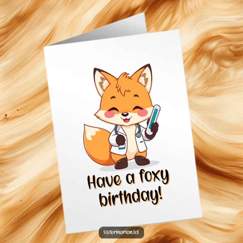 Funny Free Printable Birthday Card: Playful fox vet smiles brightly while checking a thermometer.