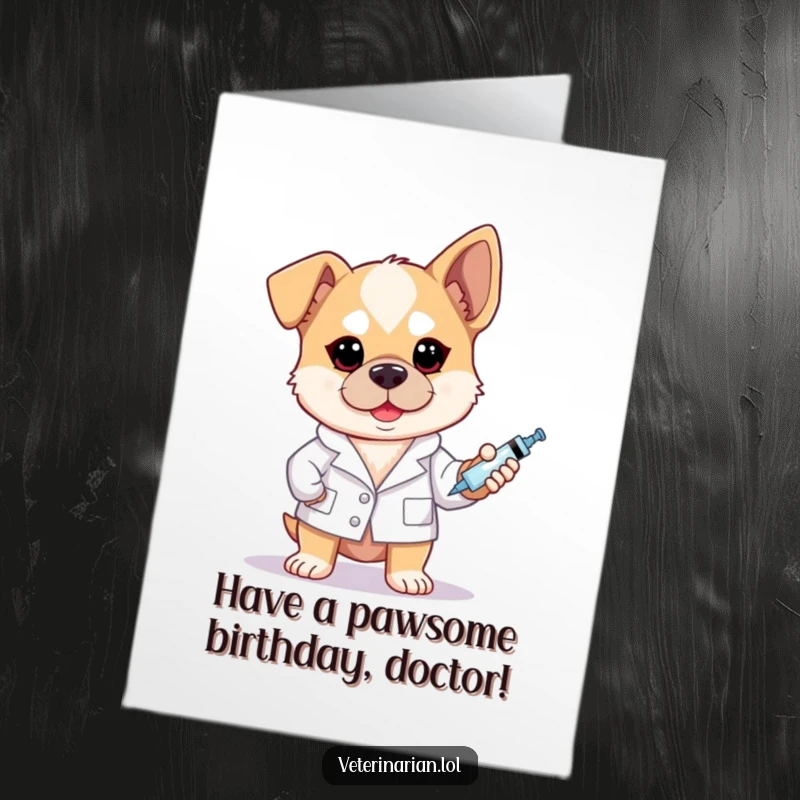Funny free printable birthday card showing a determined dog in a lab coat holding a syringe confidently.