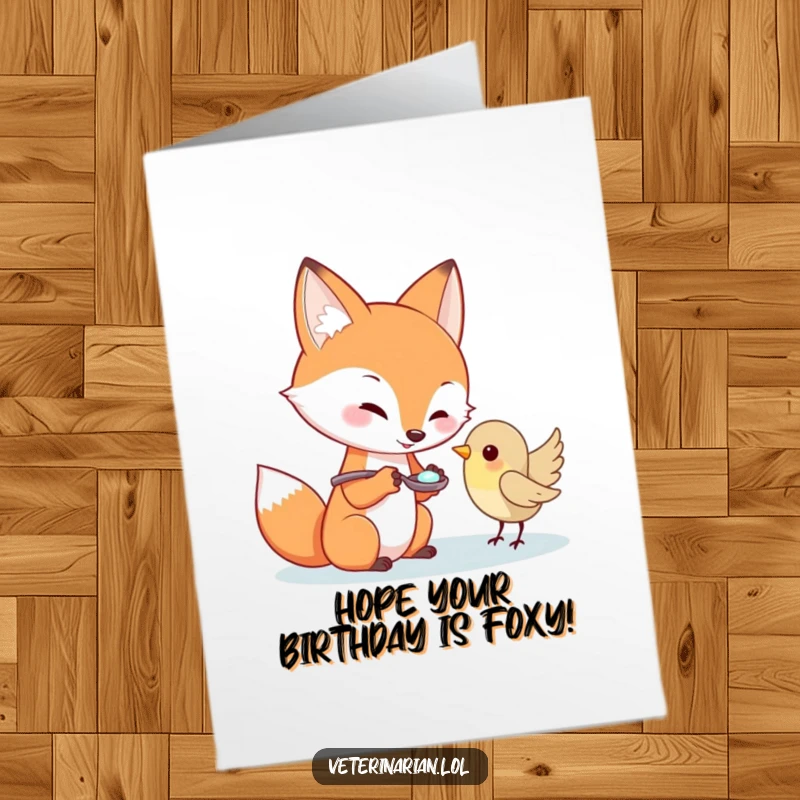 Funny Free Printable Birthday Card: A playful fox offering a spoonful of medicine to a small, receptive bird.