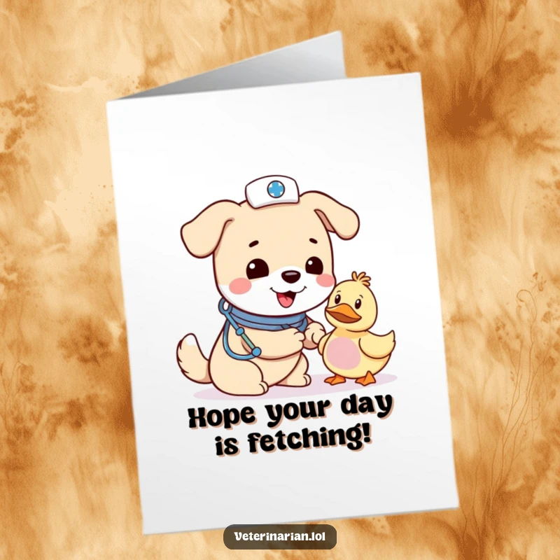 Funny Free Printable Birthday Card: Cheerful dog vet in hat concerns over bandaging a toy duck.