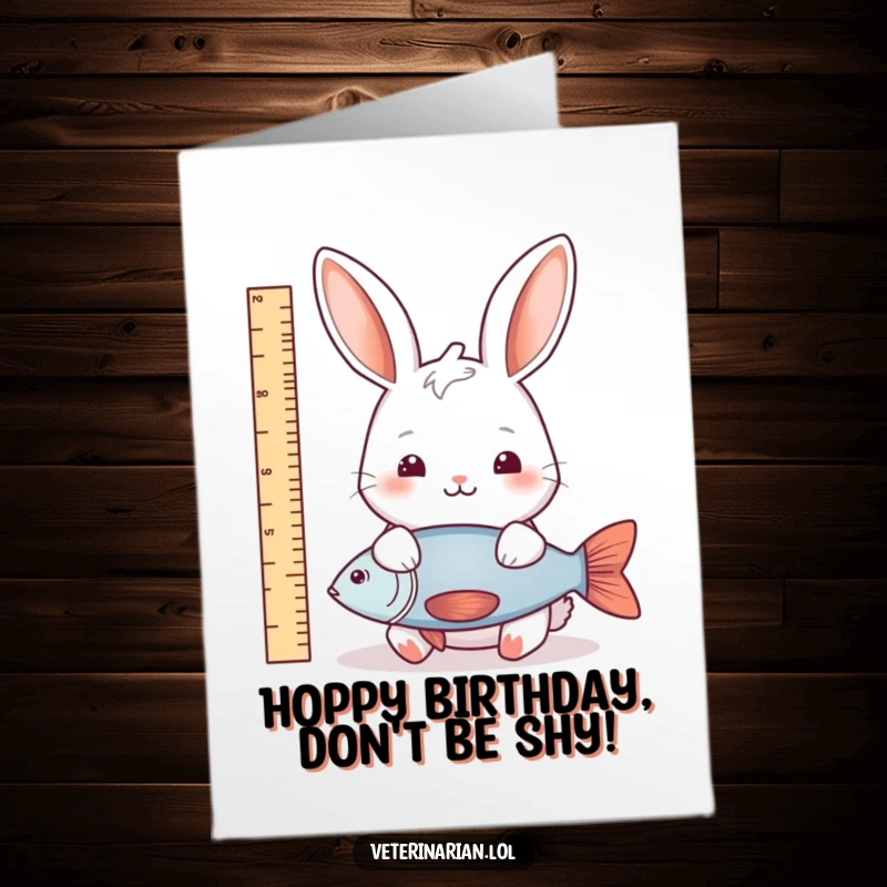 Funny Free Printable Rabbit Birthday Card: A gentle rabbit carefully measuring a fish with a ruler, celebrating.