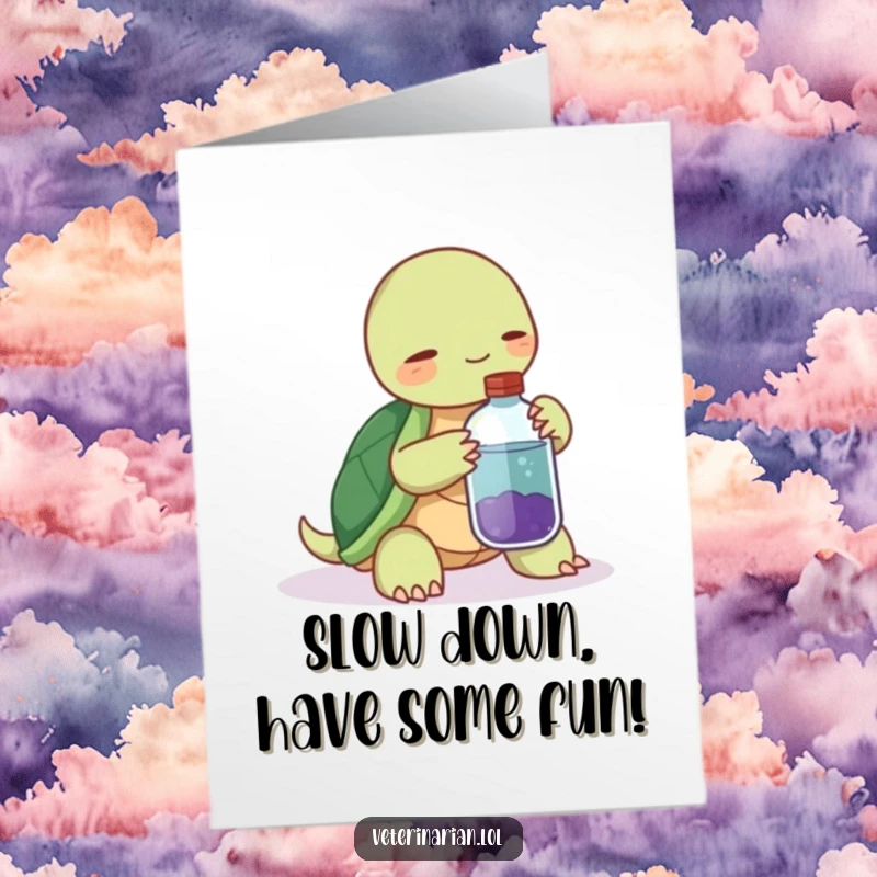 Funny Free Printable Birthday Card: Calm turtle gently nudges a potion bottle, offering a birthday wish with a smile.