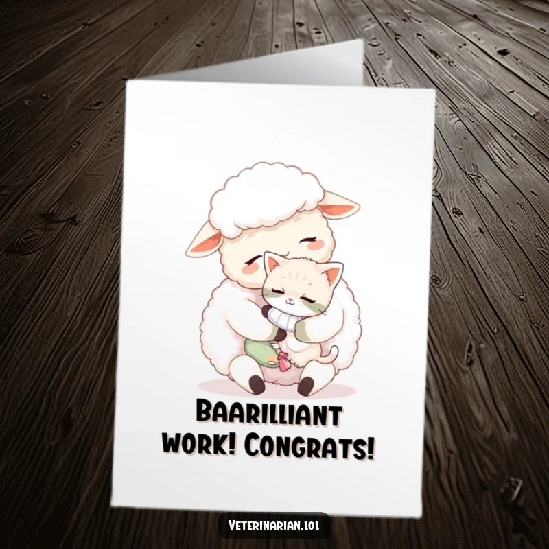 Free Printable Congratulations Card: A fluffy sheep cuddles a tiny, bandaged kitten with affection, celebrating their achievement with tenderness.