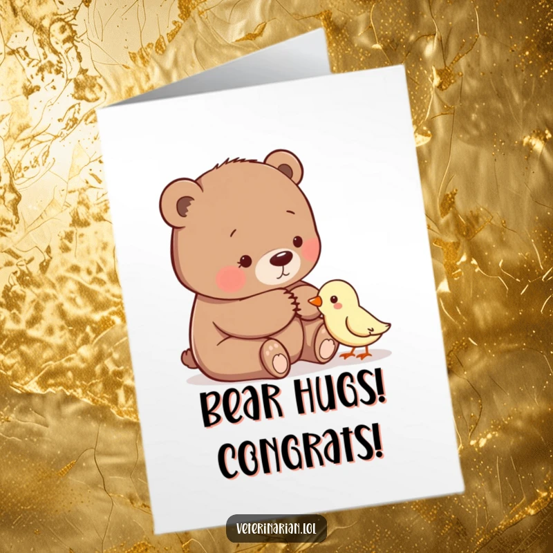 Free Printable Bear Congratulations Card: A gentle bear comfortingly pats a small bird, celebrating achievements.
