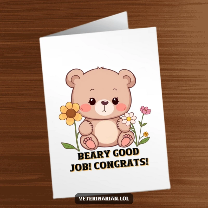 Free Printable Congratulations Card: A curious bear sniffs a flower with a gentle expression, celebrating achievements with natural wonder.