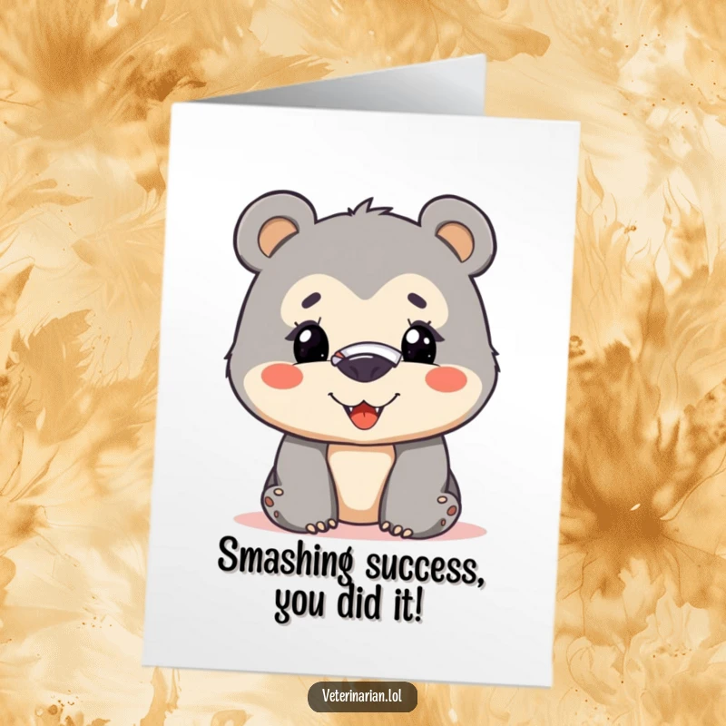 Funny Free Printable Congrats Card: Resilient bear cub with a nose bandage offers a brave smile for congratulations.