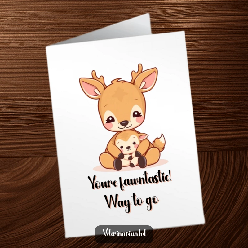 Funny free printable congratulations card with a calm deer gently patting a small, comforted animal.