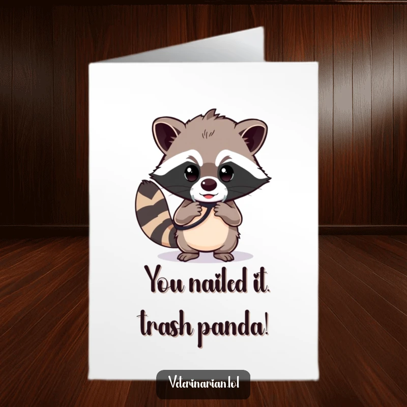 Funny Free Printable Congratulations Card: A determined raccoon polishes a stethoscope with a focused gaze, celebrating success with humor.