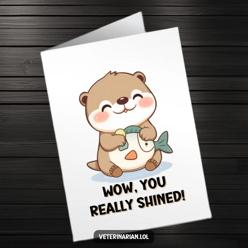 Funny Free Printable Congrats Card: A cheerful otter diligently cleaning a toy fish with a miniature sponge, perfect for celebrating wins.