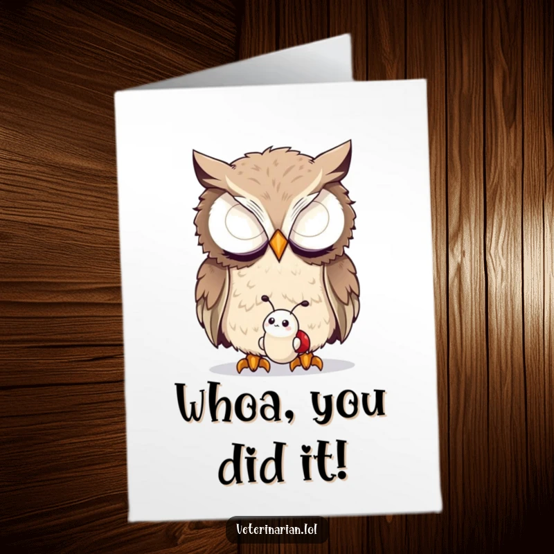 Free Printable Congratulations Card: A curious owl gently investigating a tiny, cheerful bug with intense focus.