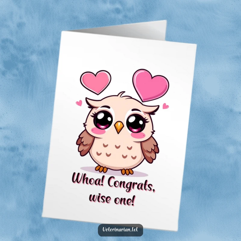 Funny Free Printable Congratulations Card with a surprised owl gazing at a large floating heart, signifying admiration and good fortune.