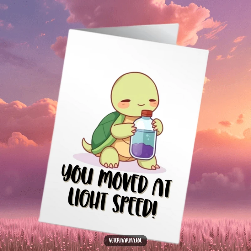 Funny Free Printable Congrats Card: A calm turtle offers a potion bottle with a gentle nudge, conveying best wishes.