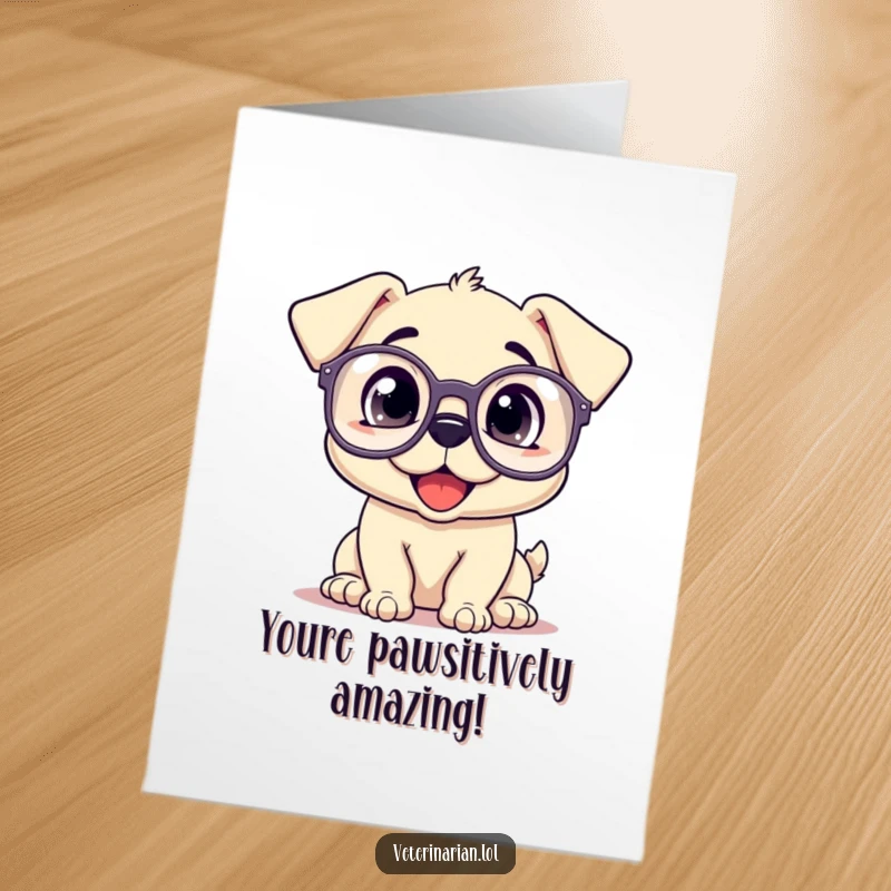 Funny Free Printable Congratulations Card: Puppy with large prescription glasses looking up, a clever downloadable gift.
