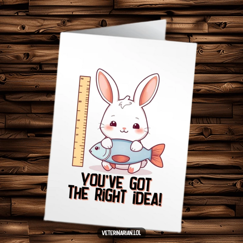 Funny Free Printable Rabbit Congratulations Card: A rabbit measuring a fish, celebrating a grand accomplishment.