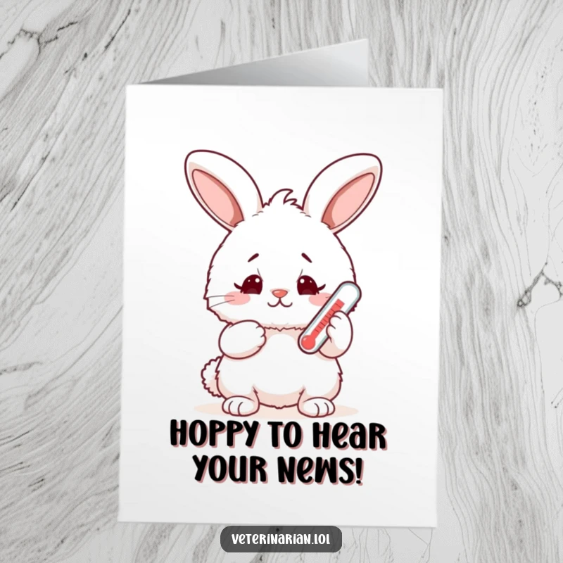 Free Printable Congratulations Card: A fluffy bunny with a thermometer shows happy concern for an achievement.