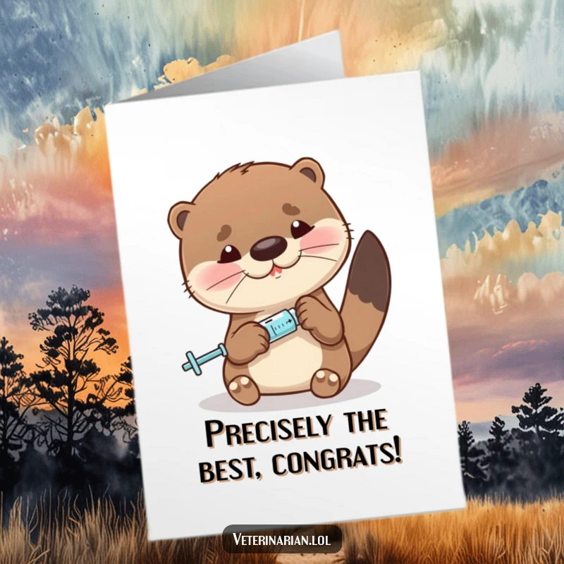 Funny Free Printable Congratulations Card: A sweet otter precisely measuring liquid into a miniature syringe for a special occasion.