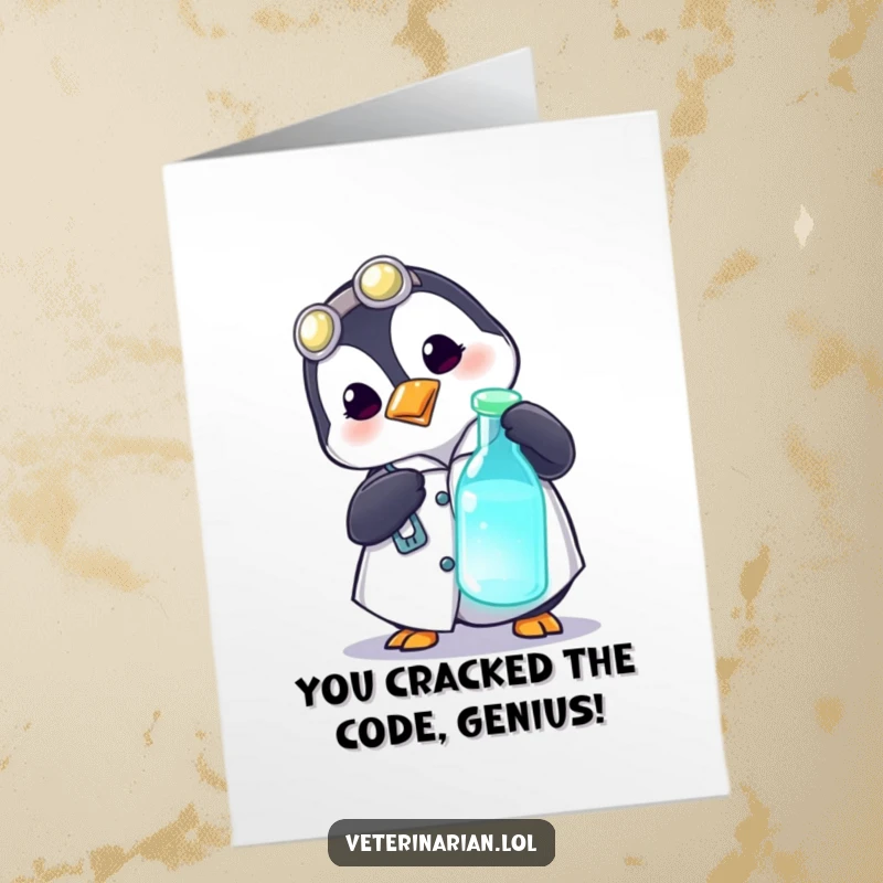 Funny Free Printable Congratulations Card: A playful penguin doctor in a medical coat examines a glowing vial, hinting at discovery.
