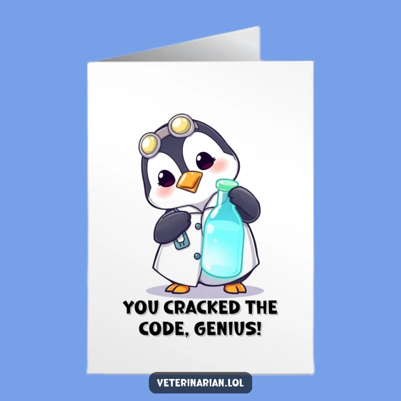 Free Printable Congrats Card: Funny Penguin Doctor Lab Vial Success Downloadable