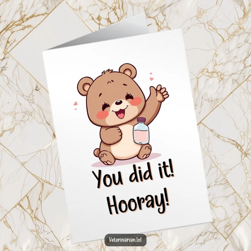 Funny Free Printable Congrats Card: Bear gleefully holding a potion bottle after a successful endeavor, downloadable art.