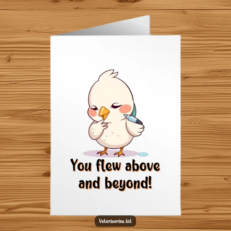 Funny Free Printable Congratulation Card: A diligent bird with focused attention administers a tiny dropper, celebrating your great news.