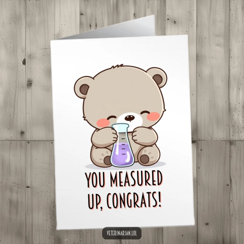 Funny Free Printable Congratulations Card: A focused bear cub carefully measures liquid in a beaker, celebrating success with a thoughtful, scientific touch.