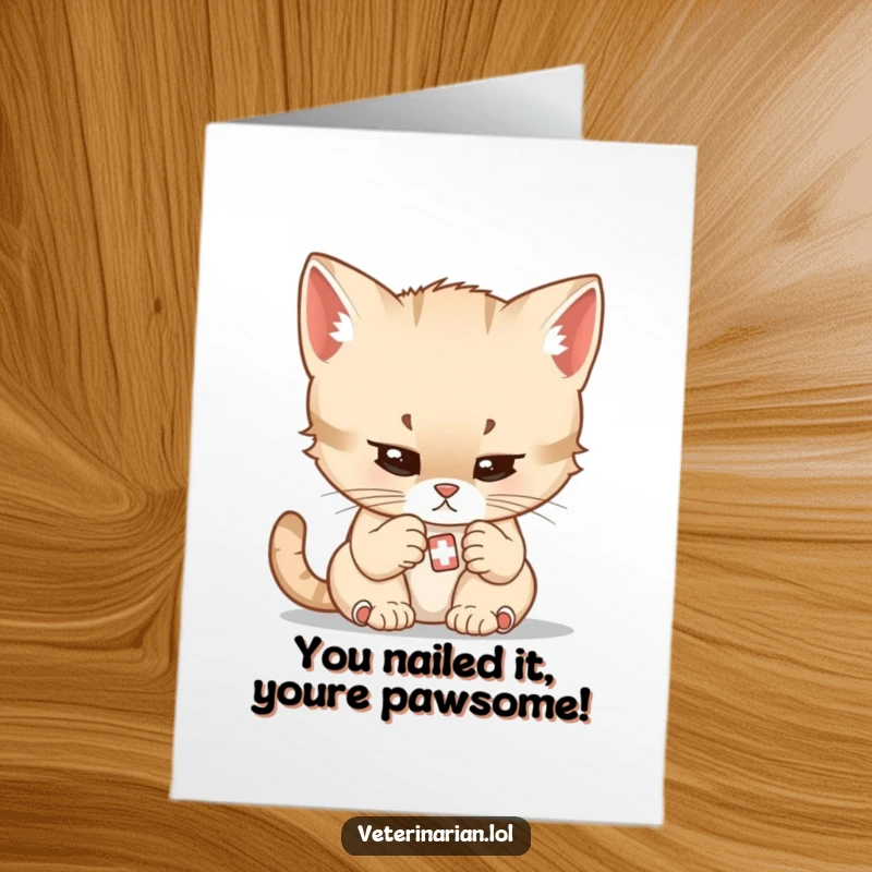 Funny Free Printable Congratulations Card: A focused kitten with gentle determination examines a small bandage, celebrating achievements with care.