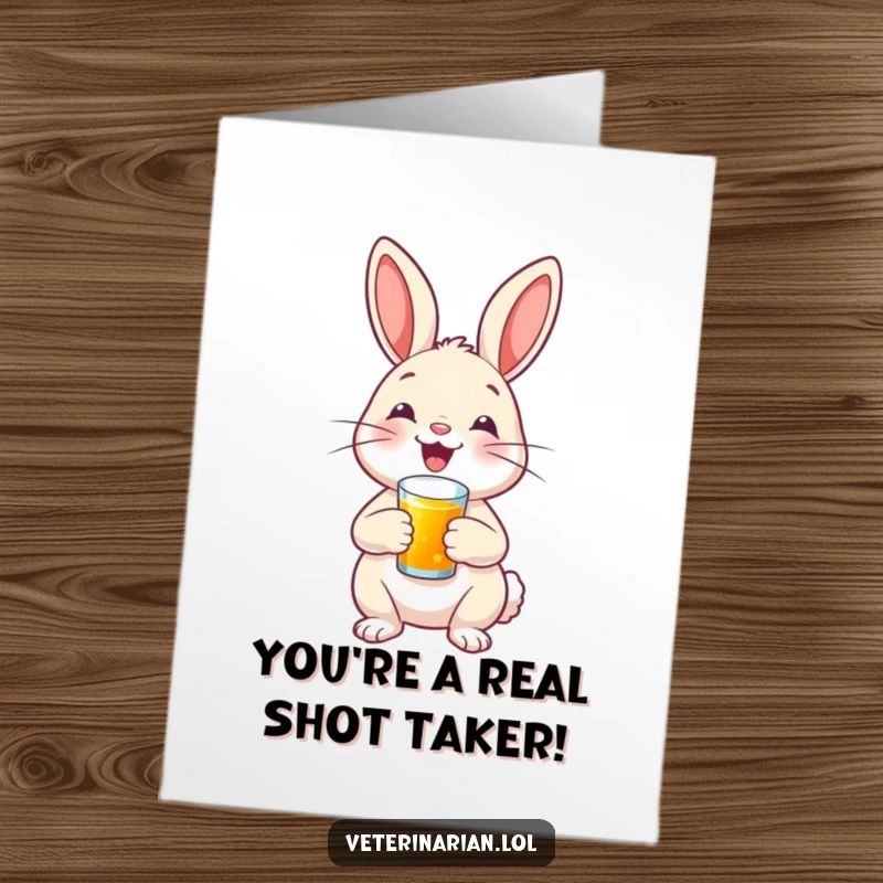 Free printable congratulations card: A proud bunny doctor smiling while giving a tiny medical injection.