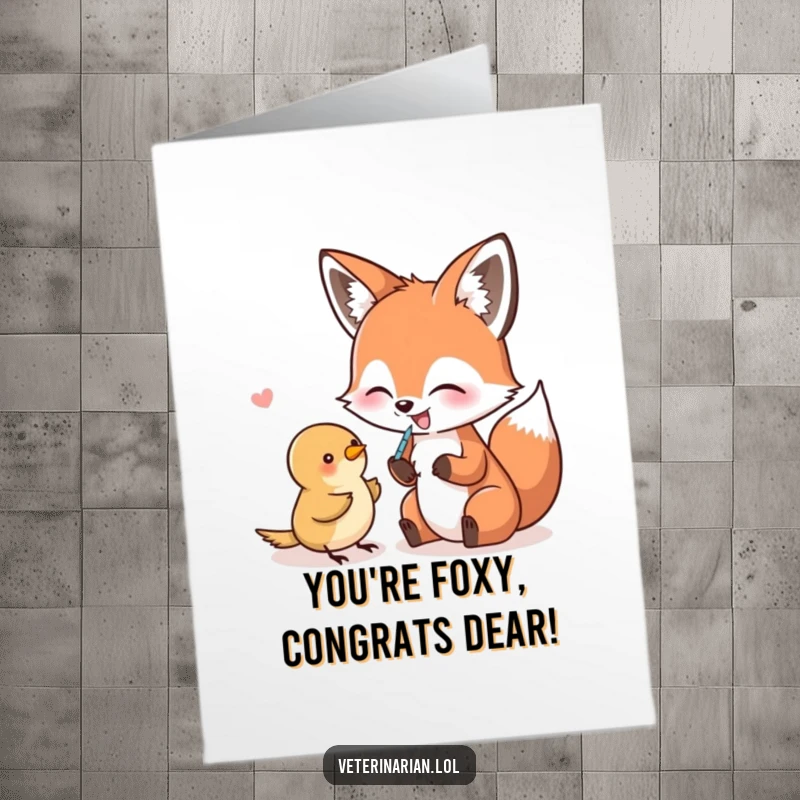Funny Free Printable Congratulations Card: A giggling fox humorously offers a shot to a small, unsuspecting bird.