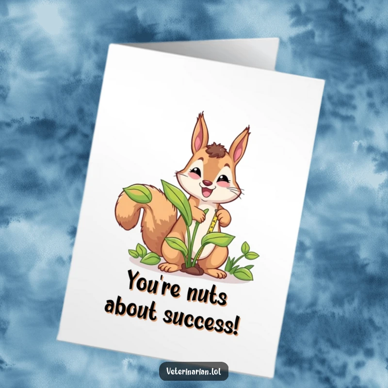 Free Printable Congratulations Card: An energetic squirrel measures a growing plant with a tape measure.