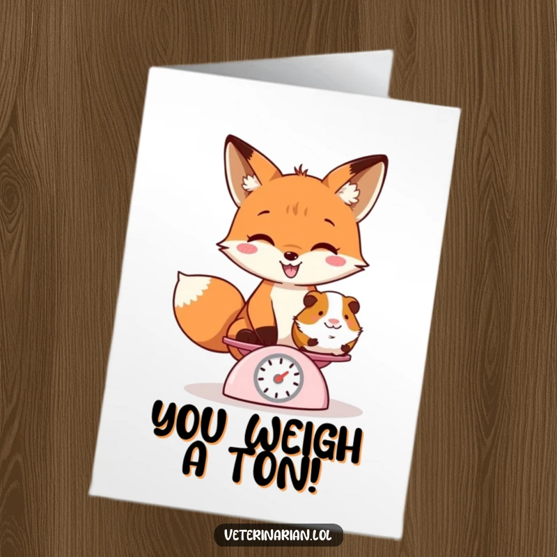 Funny Free Printable Fox Congratulations Card: A playful fox grins weighing a guinea pig, congratulating big achievements.