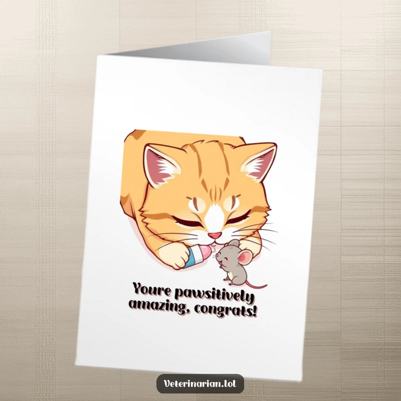 Funny Free Printable Congratulations Card: a cat and mouse sharing a moment of success and friendship.