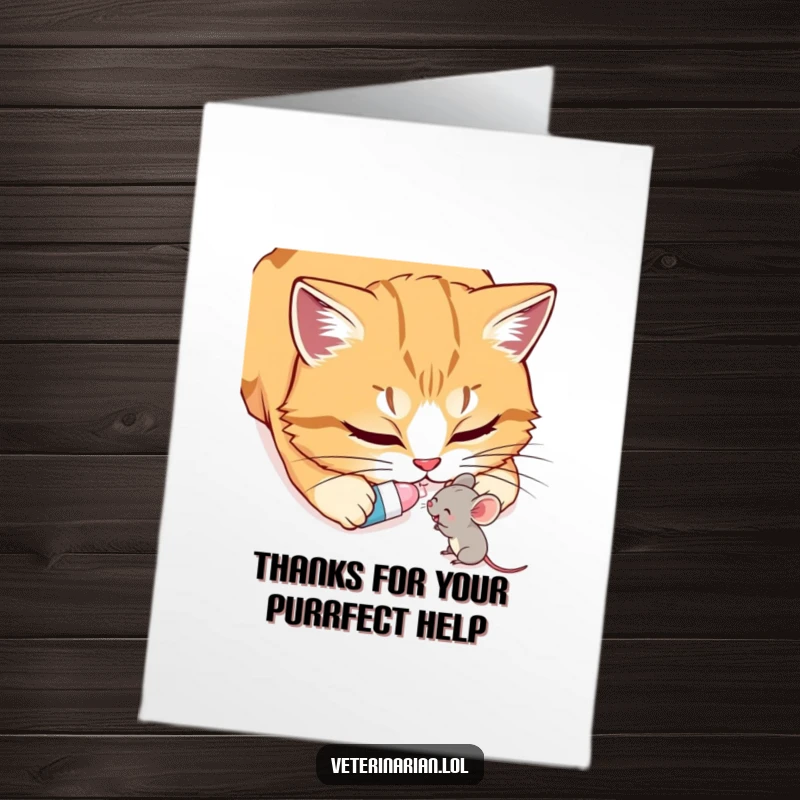 Funny Free Printable Thank You Card: a cat kindly gives a pill to a happy mouse, showing thanks.