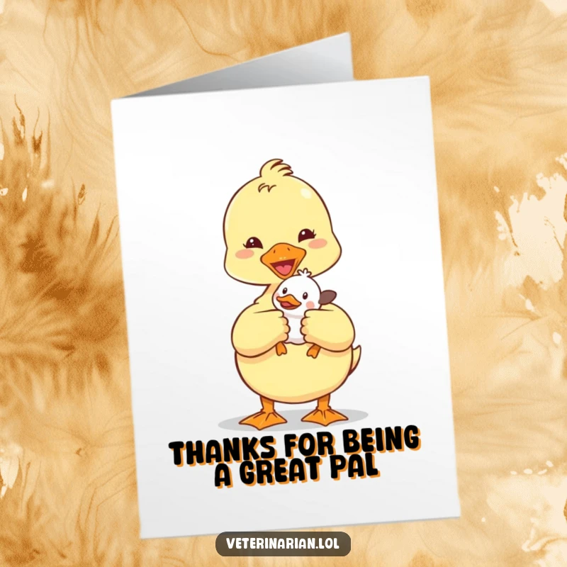 Funny Free Printable Thank You Card - a kind duckling vet gently holds a tiny patient, showing thanks.