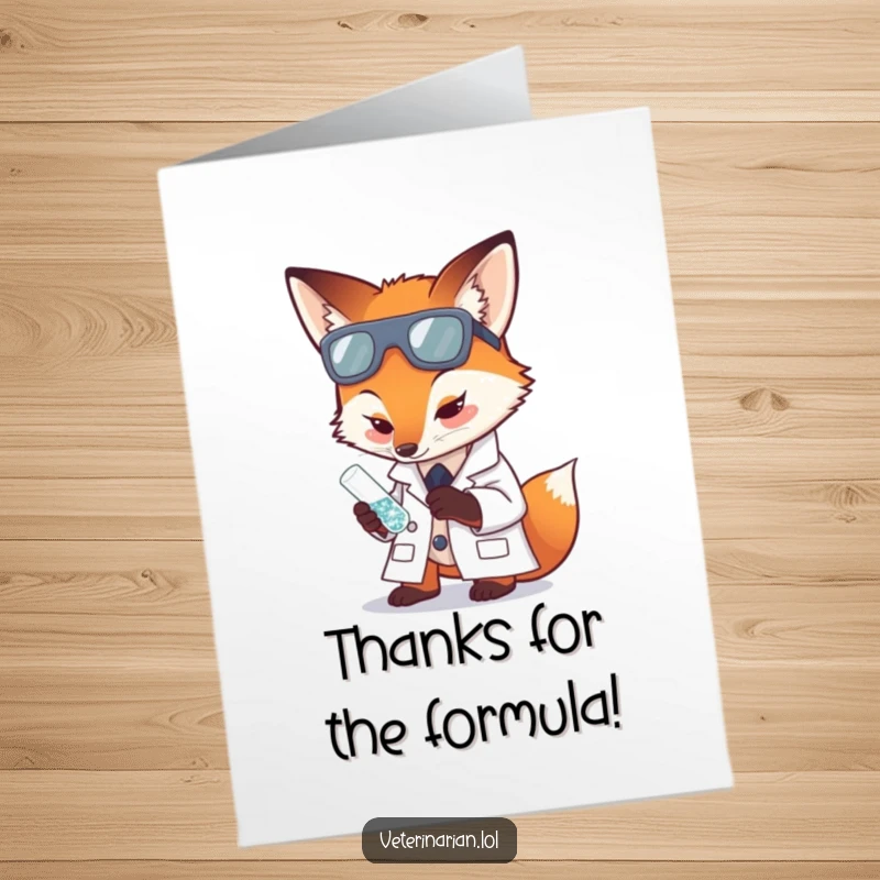 Funny Free Printable Thank You Card: Fox scientist examining a sparkling test tube, a smart DIY thank you present.