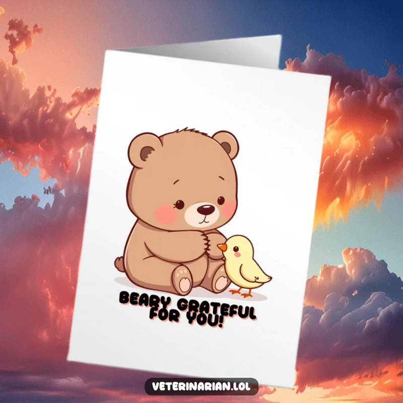 Free Printable Bear Thank You Card: A gentle bear comfortingly pats a small bird, expressing thanks.