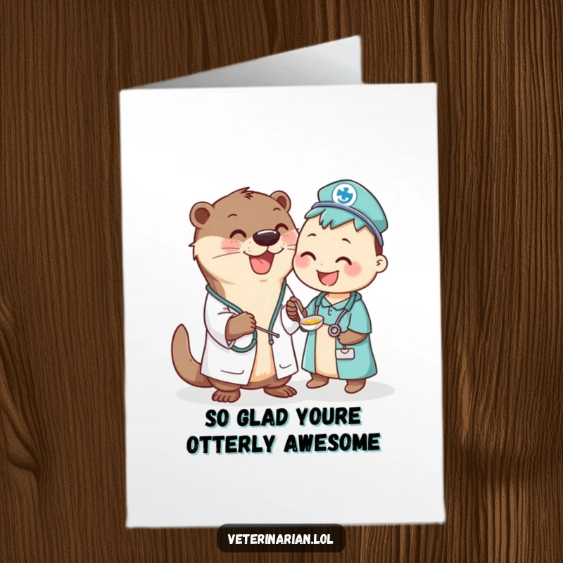 Funny free printable thank you card depicting a caring otter vet giving a spoonful to a recovering patient.