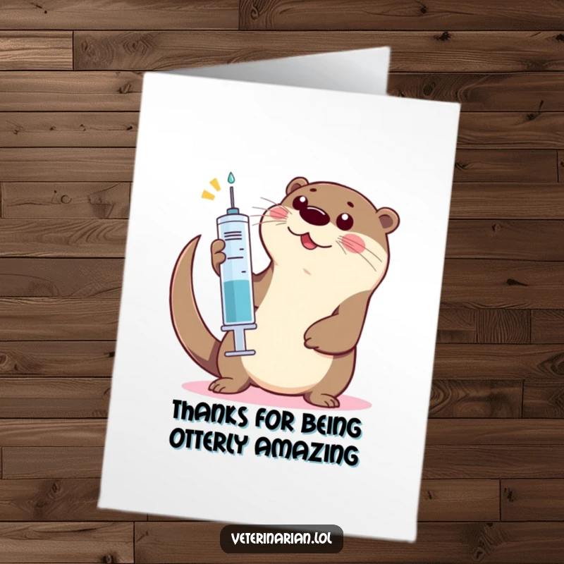 Funny Free Printable Thank You Card: a playful otter giving a high-five with a syringe, saying thanks.