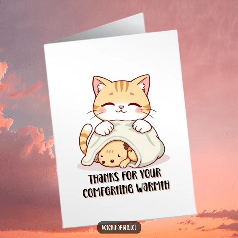 Funny free printable thank you card of a smiling cat carefully tucking a soft blanket around a creature.