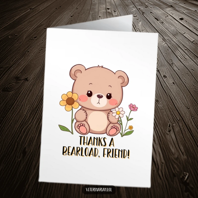 Free Printable Thank You Card: A curious bear sniffs a flower with a gentle expression, conveying thanks with natural beauty.