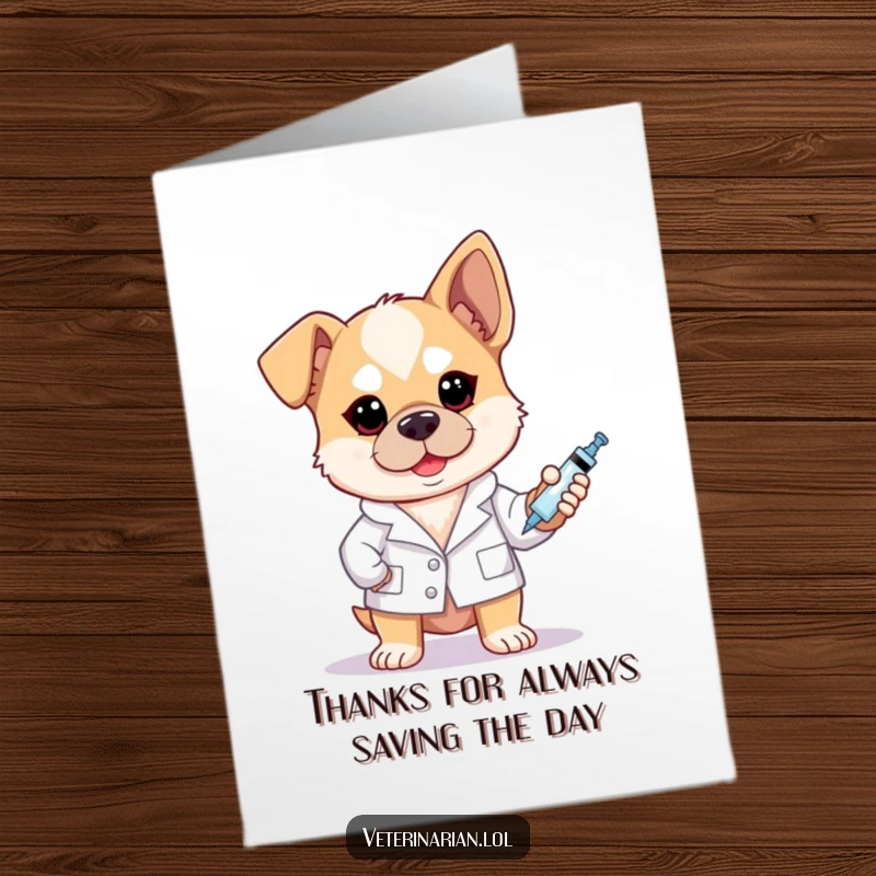 Funny free printable thank you card of a brave dog wearing a coat and holding a syringe with a kind expression.