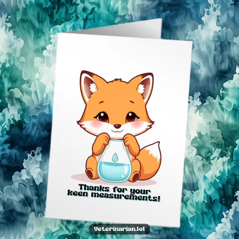 Funny Free Printable Thank You Card: Playful fox scientist carefully measuring a droplet, offering a small thank you note.