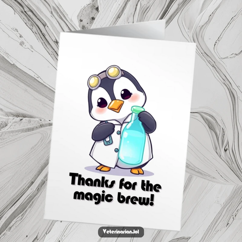 Funny Free Printable Thank You Card: A playful penguin doctor in a coat curiously pokes a glowing vial, expressing thanks.